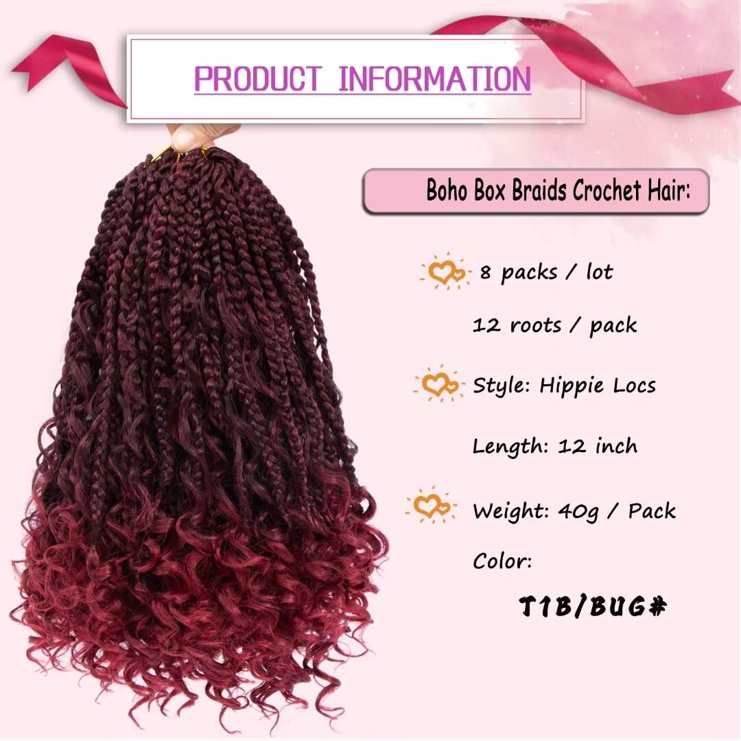 8 Packs Bohomian Box Braids Crochet Hair with Curly Ends 12 inch Burgundy Boho Bohomian Box Braid Hair Pre-looped Synthetic Braiding Hair Goddess Box Braids Crochet Hair for Black Women(12",T1B/BUG#)