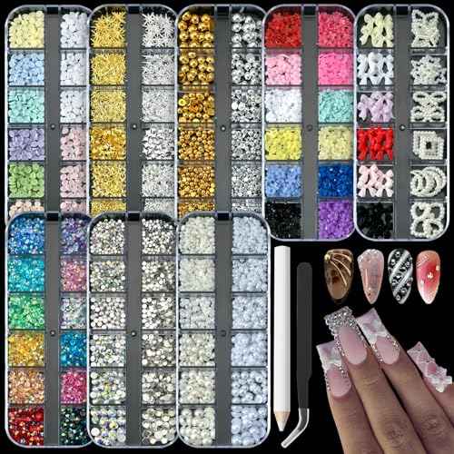 8 Boxes 3D Nail Charms and Gems Bulk Cute Charms for Nails Design kit Bling Crystals Rhinestones Colorful Flower Pearls Star Bows Accessories