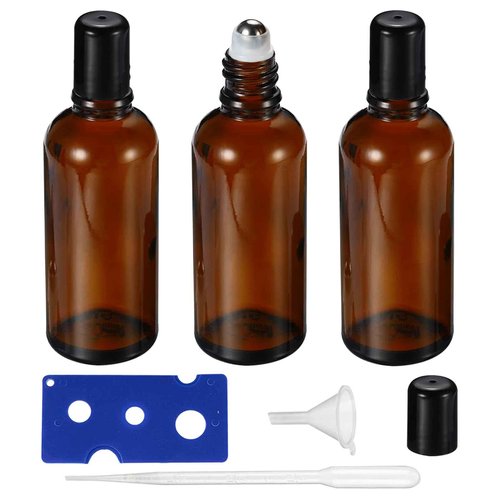 HEYLEAYAR 100ML Roller Bottles for Essential Oil, 3 Pack Empty Amber Glass Roller Bottle for Perfume Oil, Roll on Bottles with Stainless Steel Roller Balls, Opener, Funnel and Dropper
