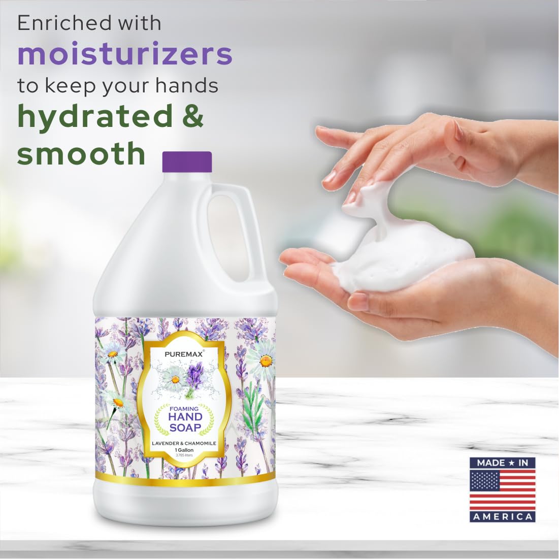 Puremax Foaming Hand Soap Refills with Essential Oils | Lavender Chamomile | Gentle, Moisturizing | Triclosan-free | Made in USA | 128 Fl Oz (1 Gallon) |