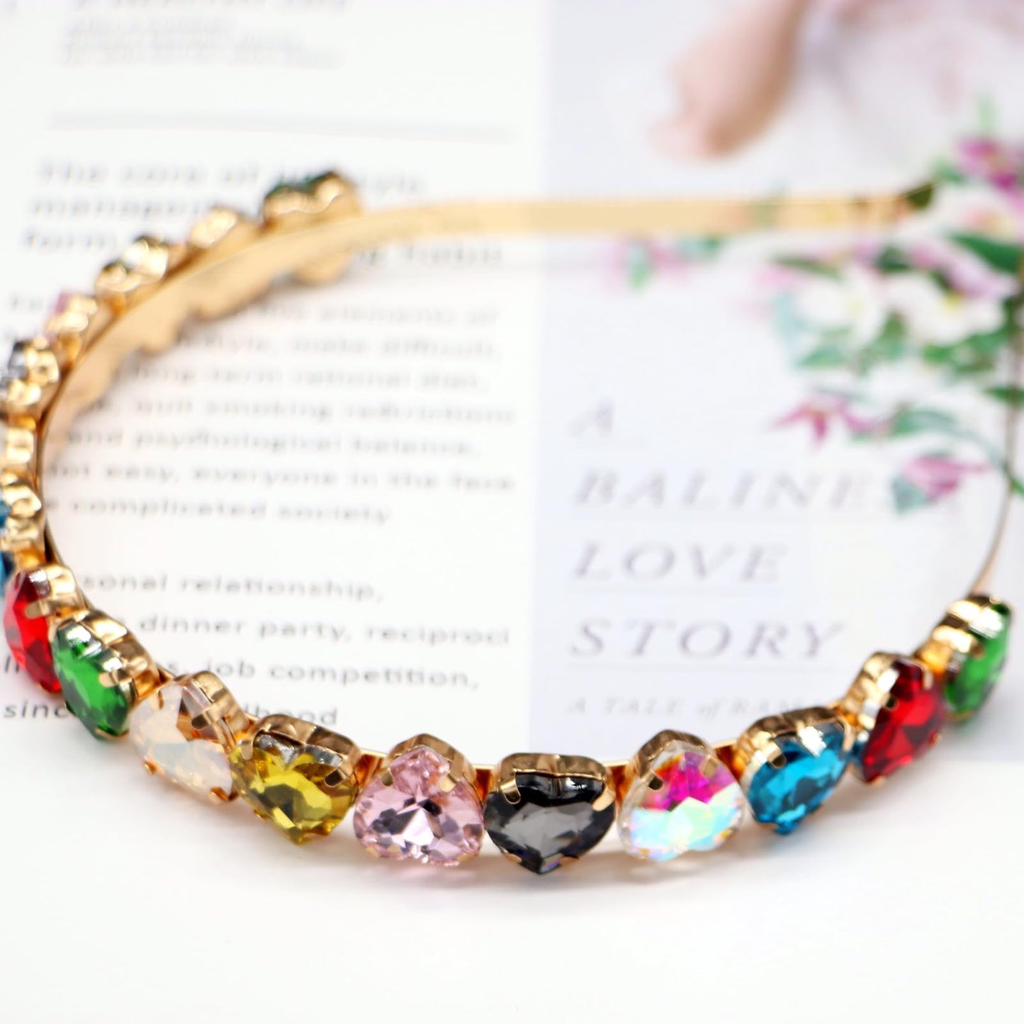 Crrezhai Fashion Heart Rhinestones Headband Colorful Women Rainbow Crystal Beaded Headpiece Party Wedding Hair Hoop Band