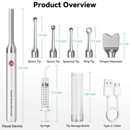 2025 Upgraded Tonsil Stone Remover with Camera, Visual Tonsil Stone Removal Kit with 6 LED Light, Tonsil Stone Removal Tool Camera with 1080P, 5 Head Attachments, for iOS & Android (White)