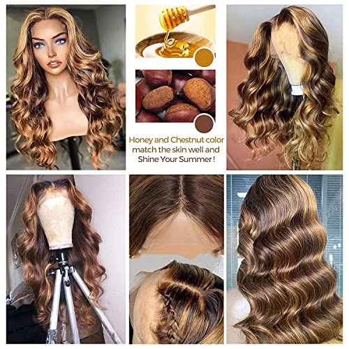 Manorshen Body Wave Ombre Highlight Transparent Lace Frontal Wigs Brazilian Virgin 13x4 Lace Front Glueless Brazilian Human Hair for Women With Baby Hair (Highlight 4/27, 30 Inch)