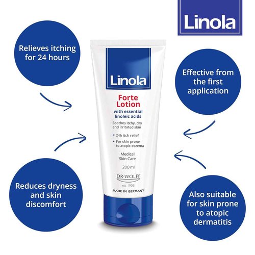 Linola Forte Lotion - Body Lotion with Essential Linoleic Acids - Nourishing Cream against Itching with 24-Hour Effect - Soothes Itchy, Dry & Irritated Skin - Made in Germany - 200 ml (6.8 Fl Oz)