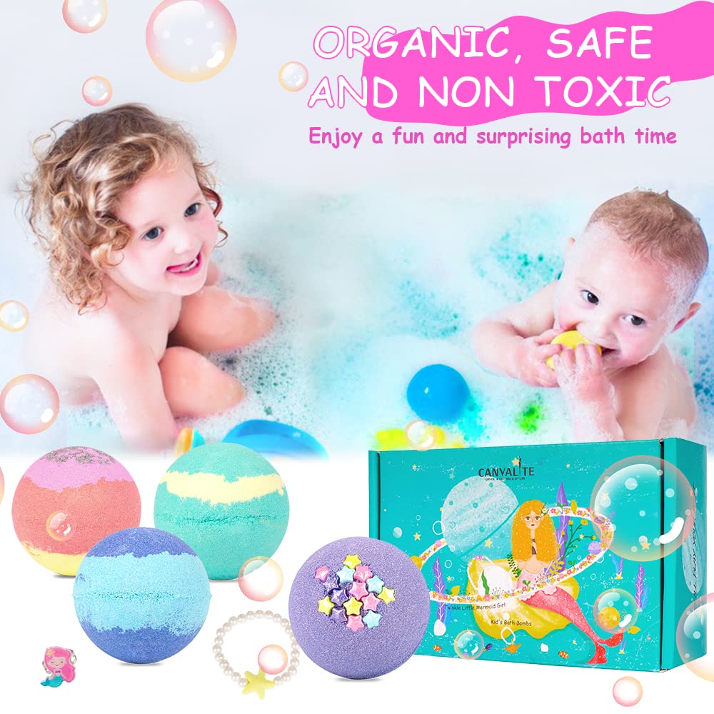 Canvalite Kids Bath Bombs with Surprise Inside 6 Pcs Handmade Bath Bombs Kits Mermaid Gifts for Girls Skin Friendly and Safe Natural Bath Bombs Spa Fizzy Bubble Bath with Little Girls Jewelry