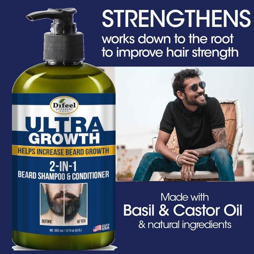 Difeel Men's Ultra Growth Beard Care 3-PC Gift Set for Men - Includes 2-in-1 Beard Shampoo & Conditioner 12oz, Beard Growth Oil 8oz, and Bonus Travel Size Beard Oil