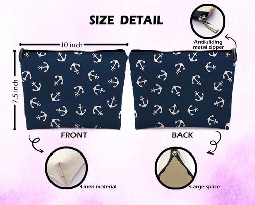 Dwept Nautical Anchor Makeup Cosmetic Bag, Marine Symbol Navy Anchor Linen Makeup Travel Toiletry Bag, Nautical Coastal Sailing Sailboat Anchor Cosmetic Bag Gifts For Sea Lovers Sailors Women Girls
