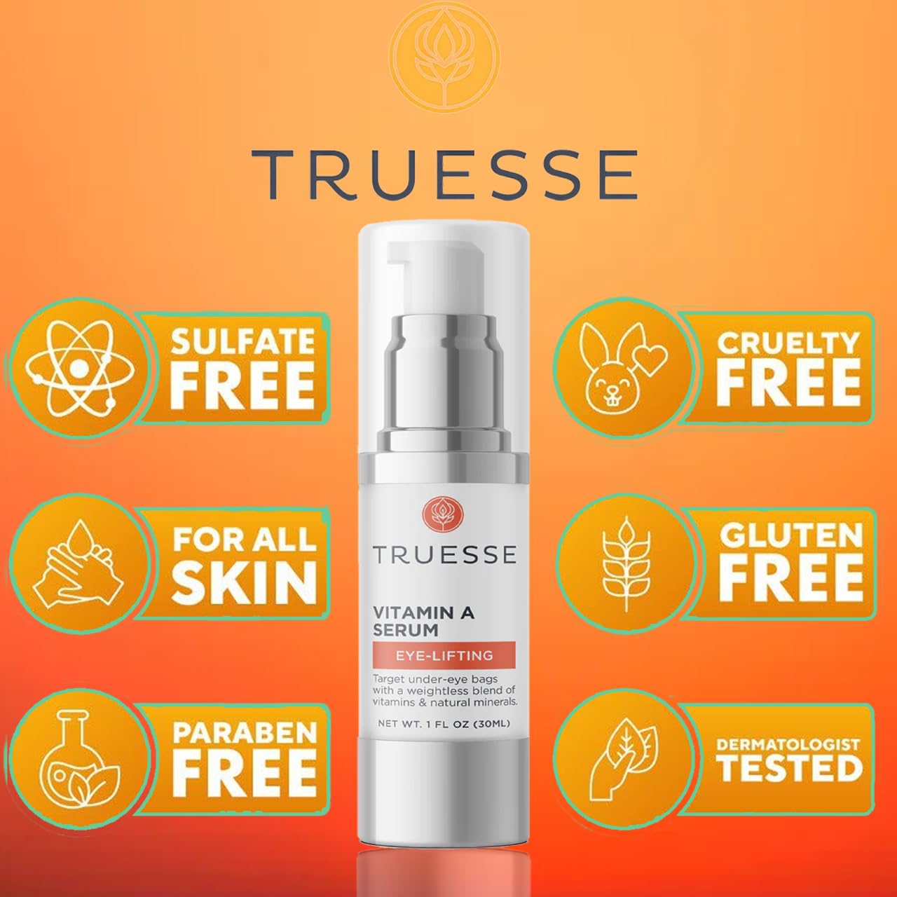 TRUESSE Ayurvedic Vitamin A Serum – Natural Retinol for Firm Bright Skin - Reduces Under Eye Bags – Hyaluronic Acid for Hydration