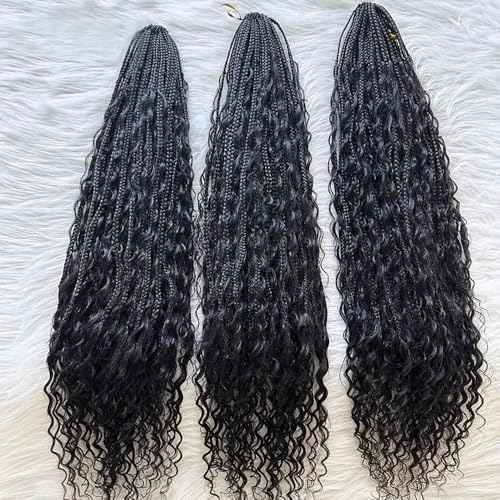 Crochet Boho Box Braids With Human Hair Pre Looped Hair Goddess Box Braids With Human Hair Curly Full Ends Hair Extensions For Women Natural Black Color 24inch 1 Pack(40 Strands)