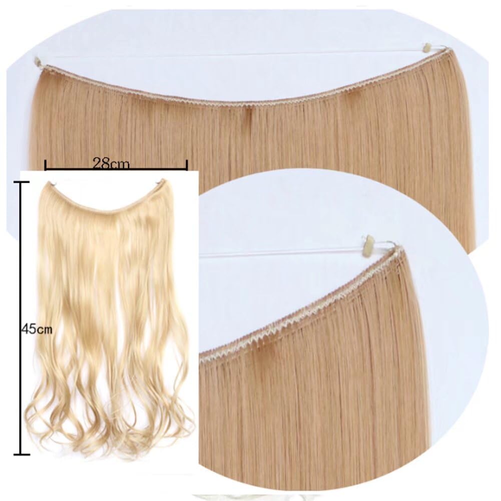 iLUU 18inch 80g Silver Color Hair Extensions for Women Long Curly Wavy Synthetic Haipieces Hidden Fish Line Hairpiece Invisible String Transparent Wire Hair Extensions for Party Daily Use