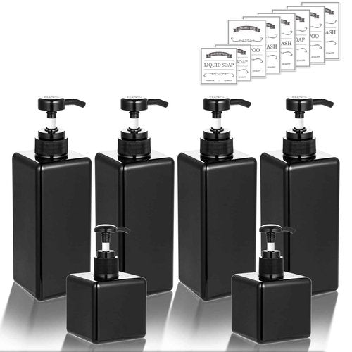 Amorettise 6 Pack Shampoo and Conditioner Dispenser Bottles, 4 Pack 22 Oz & 2 Pack 8 Oz Refillable Square Plastic Pump Bottles for Dispensing Lotions, Shampoo, Conditioner, and Body Wash (Black)