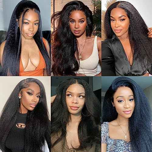 Kinky Straight Wig 20 Inch 180% Density Yaki Straight Human Hair Wig With Pre-Plucked Hairline & Adjustable Straps,Natural Black 13x4 Lace Front Wigs Human Hair For Black Women