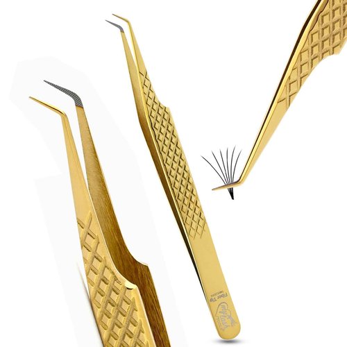 Fiber Tip Lash Tweezer 45 Degree Tip – Non Slip Diamond Grip, Precision Stainless Steel Eyelash Extension Tool, Professional Volume & Classic Lash Applicator for Salon and Home Use (Gold)