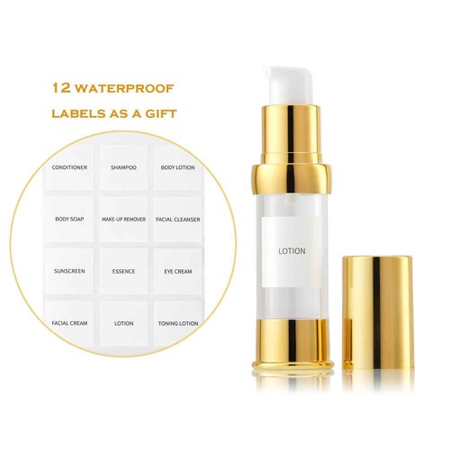 XQNCBY Gold 15ML 0.5 oz Airless pump bottle Toiletries Travel Size containers airport essentials Dispenser with Box Reusable mini lotion plastic travel bottles 4 Packs