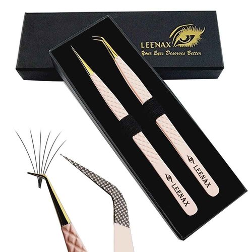 Eyelash Extension Tweezers Micro Fiber Tip (Anti – Slip) Set of 2 pieces straight & curved with Diamond Grip, Rainbow Colour,14cm, volume Tweezers, Lash Extension Precision tweezers. (Peach)