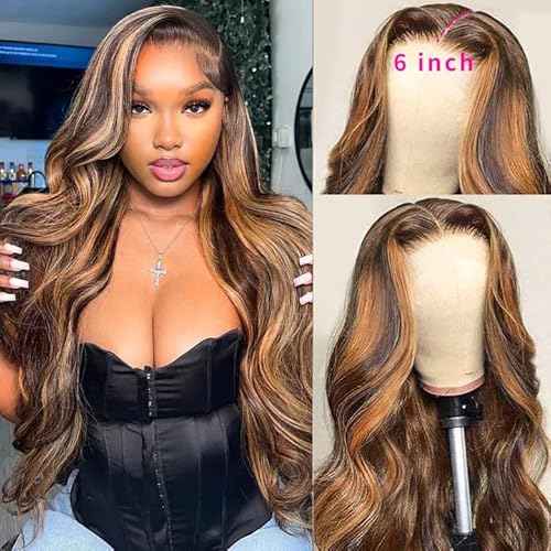 Aicrelery 4/27 Highlight 13x6 Lace Front Wigs Human Hair 13x6 Honey Blonde HD Lace Front Wig Pre Plucked with Baby Hair 180% Density Highlight Ombre Body Wave Lace Frontal wig for Women 20 Inch