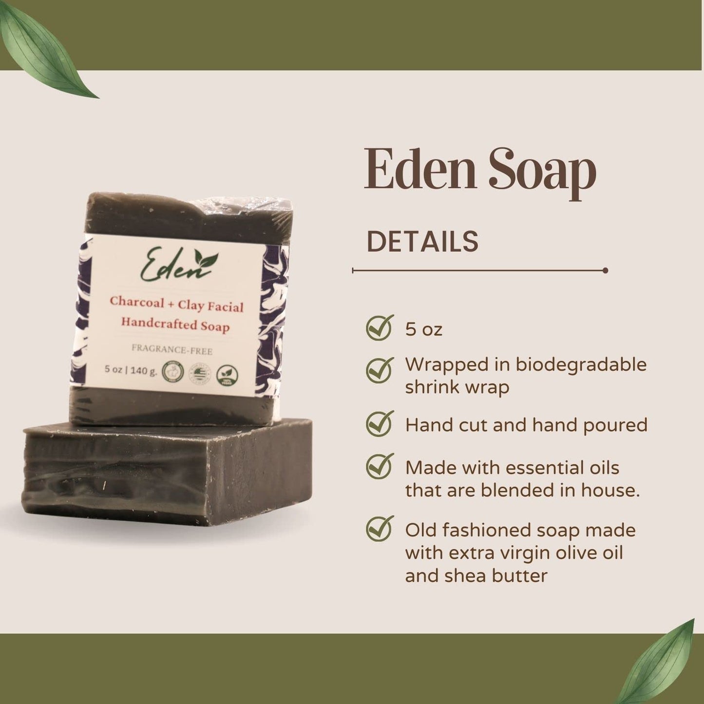 EDEN Daily Essentials - Natural Handmade Soap Bar - Olive Oil Soap Scented with Pure Essential Oils - 5oz