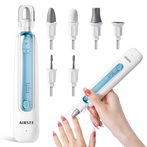 AIRSEE Professional Manicure Pedicure Kit,Cordless 6 in 1 Electric Nail File for feet,5 Speed Rechargeable Pedicure Tools for Thick Nail Toenail Cuticle, Hand Feet Trimmer Buffer for Women Men,Blue