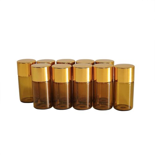 Beth Ada 50Pcs 5ml Amber Mini Essential Oil Bottles Sample Bottles with Orifice Reducers and Gold Caps,3/5ml Amber Glass Bottles Vials,for Perfume Aromatherapy Cosmetic Oils Container