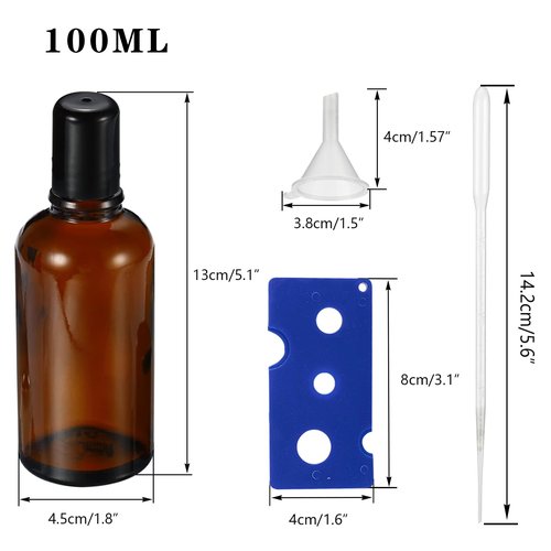 HEYLEAYAR 100ML Roller Bottles for Essential Oil, 3 Pack Empty Amber Glass Roller Bottle for Perfume Oil, Roll on Bottles with Stainless Steel Roller Balls, Opener, Funnel and Dropper