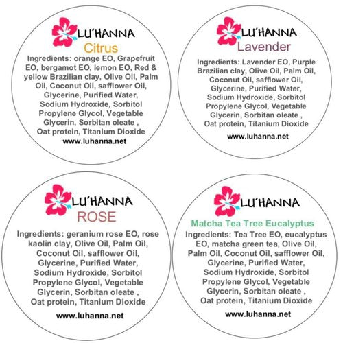 LU'HANNA Handmade All-Natural Castile Soap w/Essential Oils & Organic Clays, Rose, Lavender, Citrus, Tea Tree Eucalyptus, (Pack of 4, 3.5 oz each)