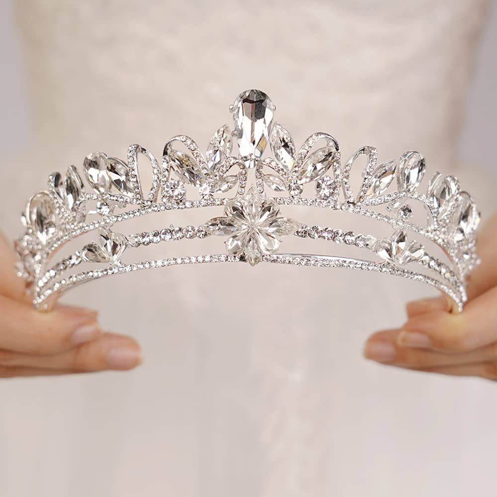 wekicici Silver Crystal Wedding Tiara Royal Queen Crown Headband Rhinestone Princess Hair Accessories for Party Prom Birthday Cosplay Halloween Costumes for Women Girls(Silver)