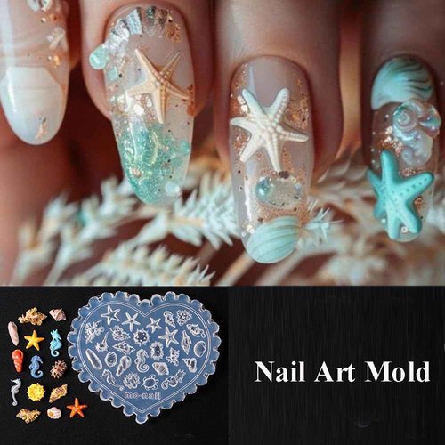 3D Nail Art Molds Mini Size Silicone Mold Ocean Themed Sea Shell Starfish Conch Turtle Seahorse Carving Template Resin Mould for Jewelry Making Embossed Stencils