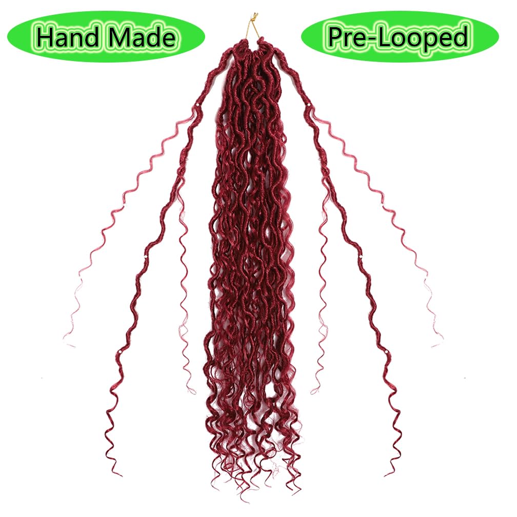 BALINGHAIR Goddess Locs Crochet Hair Burgundy 18 Inch 3 Packs Bohemian Faux Locs Crochet Hair With Curly Ends Pre Looped Hair Extensions 16 Roots/Pack(Bug)