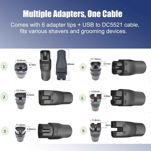 8-in-1 USB 5V Charger Adapter Kit,Compatible with Electric Hair Clippers, Beard Trimmers Charger, Shavers, Beauty Instruments. Includes 6 Adapter Tips, 1 DC5521 Cable, 1 USB Plug