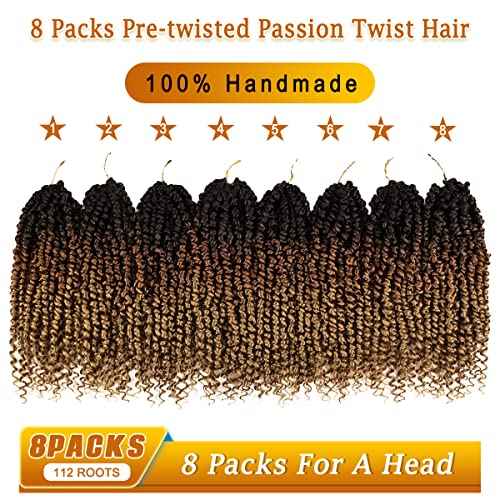Nice One Pre-Twisted Passion Twist Hair 12 Inch, Passion Twist Crochet Hair for Women 8 Packs Ombre Brown Pre-Looped Passion Twists Braiding Hair Extensions (12 Inch (Pack of 8), T1B/30/27)