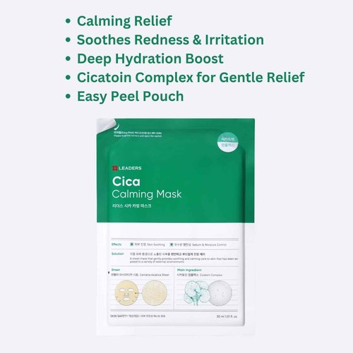 LEADERS Insolution Cica Calming Mask - Soothing Relief for Irritated & Sensitive Skin | Helps Reduces & Relieves Redness | Calming Care, Sebum & Moisture Control, Easy Peel Pouch - 10 Sheets