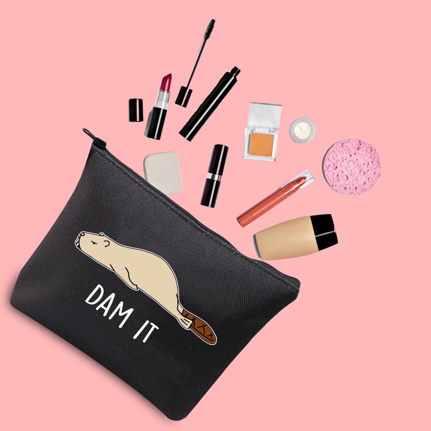 JXGZSO Funny Beaver Cosmetic Bag Beaver Lover Gift Rodent Beaver Dam It Makeup Pouch Bag (Dam It Black)