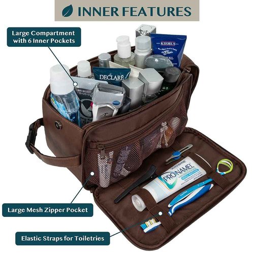 PAVILIA Toiletry Bag for Men, Travel Essentials Shaving Dopp Kit, Mens Travel Bag Toiletries Organizer Case for Grooming, PU Leather Water Resistant Cosmetic Bag Pouch (XL, Dark Brown)