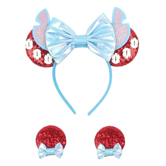 zhezesmila Shiny Mouse Ears Headband and Hair Clips, Glitter Party Princess Decoration with Blue Bow Hair Accessories for Girls Women Adult Kids Birthday Party(blue&white&red)