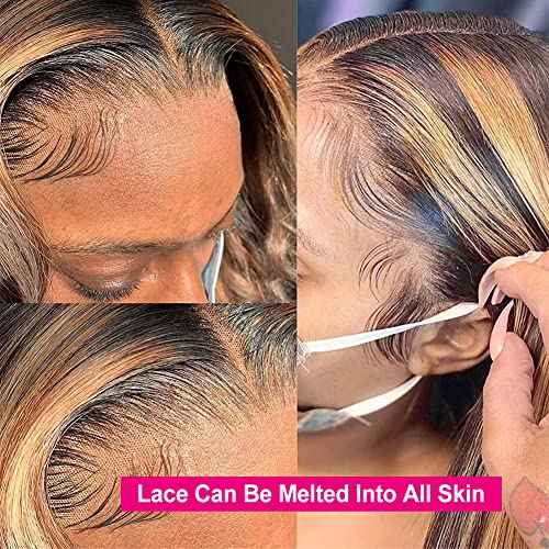 Flady Highlight Ombre Lace Front Wig Human Hair Pre Plucked 4/27 Colored Honey Blonde HD Lace Frontal Wigs For Black Women Human Hair 150 Density Straight Wigs Human Hair