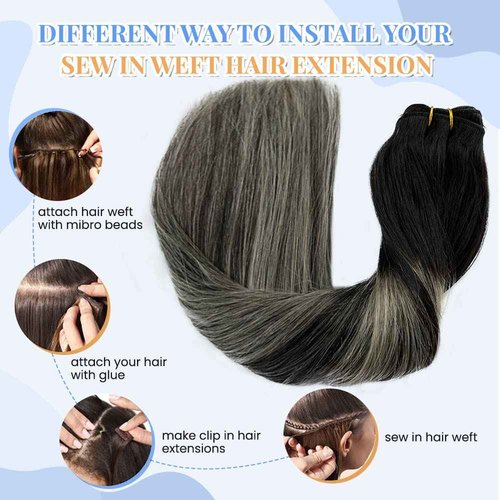 Silver Sew in Hair Extensions 14 Inch 80Gram Weft Hair Extensions Balayage Human Hair Extensions Hair Wefts Color #1B/Silver/1B Off Black Mixed with Silver Remy Straight Hair Weave Bundles Real Hair