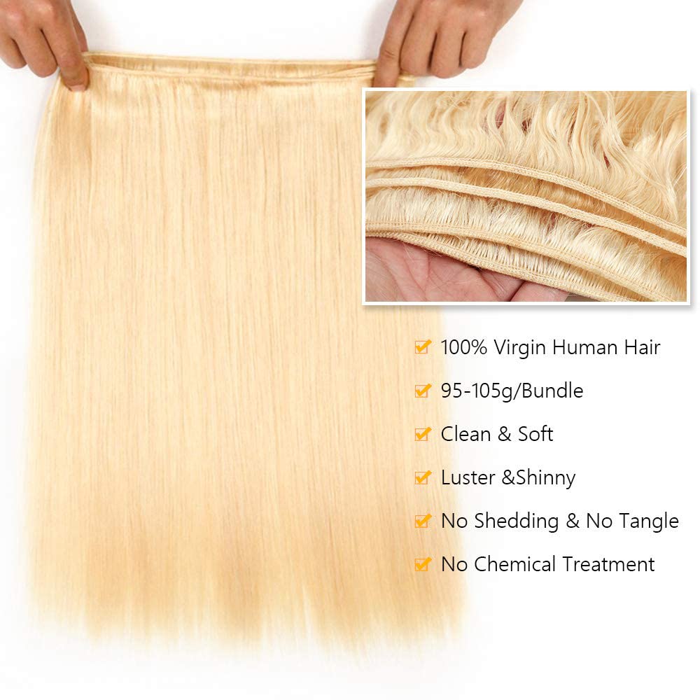 QTHAIR Straight Human Hair Blonde Bundles 18 20 22inch 14A Grade 100% Brazilian Human Hair Color #613 Platinum Blonde Straight 14 16 18 inch Brazilian Virgin Straight Human Hair 3 Bundles