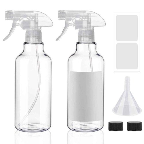 Hethyo Plastic Spray Bottles 12oz 2 Pack Adjustable Mist/Stream Spraying Heavy Duty Square Water Spray Bottles for Hair, Cleaning Solutions, Plants，Essential Oils (Clear)
