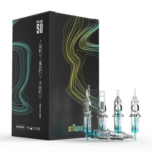 STIGMA Aquamarine Knight Tattoo Cartridge Needles #12(15RM) 50Pcs 0.35mm Standard Disposable Tattoo Needles Cartridges with Membrane Curved/Round Magnum EN02B-50-OF1215RM