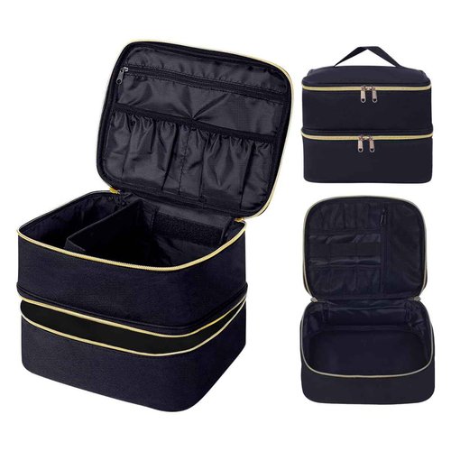 TANPADUAJI Double Layer Makeup Bag Portable Large Cosmetic Case Organizer with Adjustable Dividers Storage Travel Bag for Accessories Brushes Conditioner and Skin Care Products (Black)