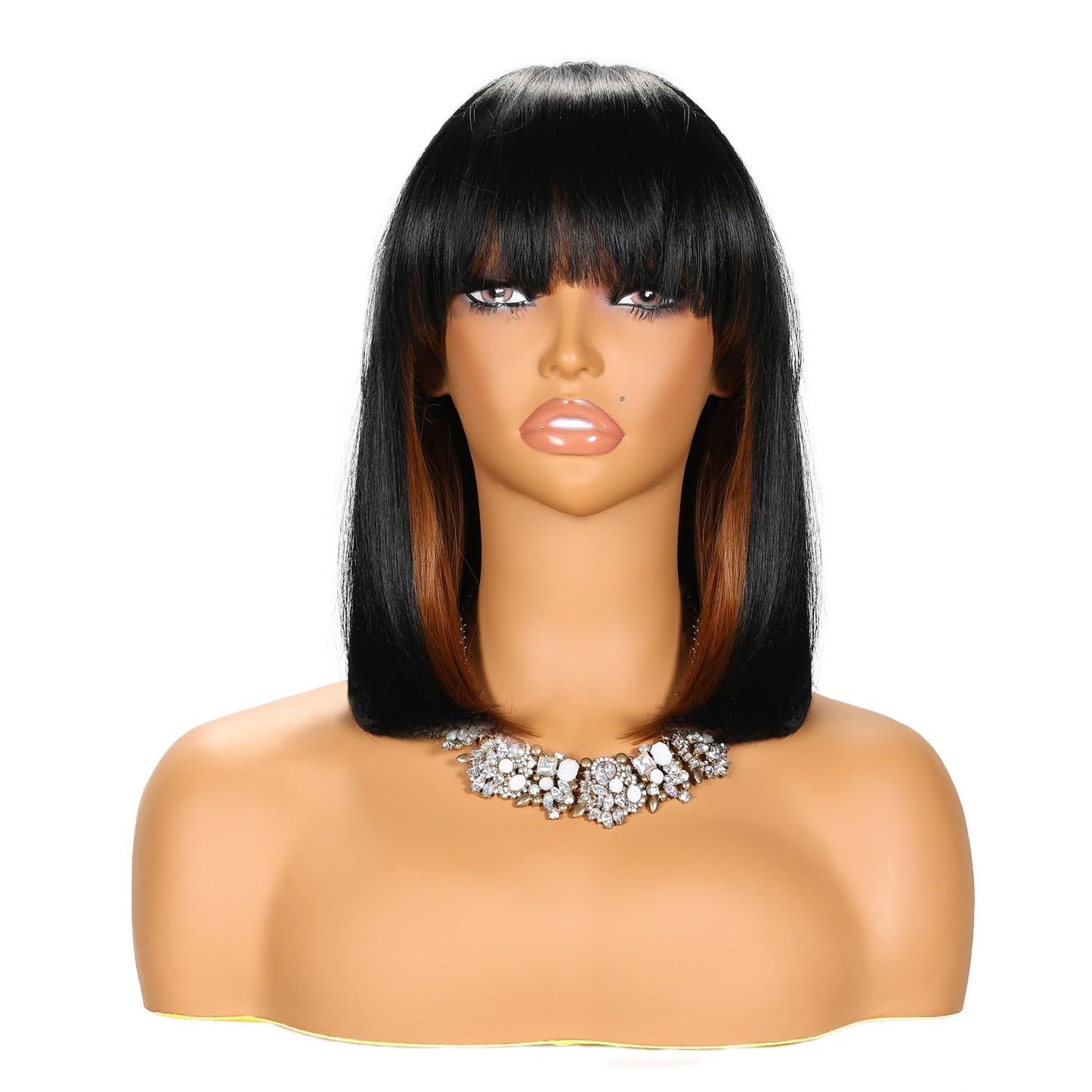 YYHR BLunt Cut Bob Wig With Bangs 14" Peek-a-boo Color Black Mix Brown Yaki Straight Synthetic Hair Wigs For Black Women, Shoulder Length Synthetic Hair Replacement Wigs (14 Inch,S1B/30)