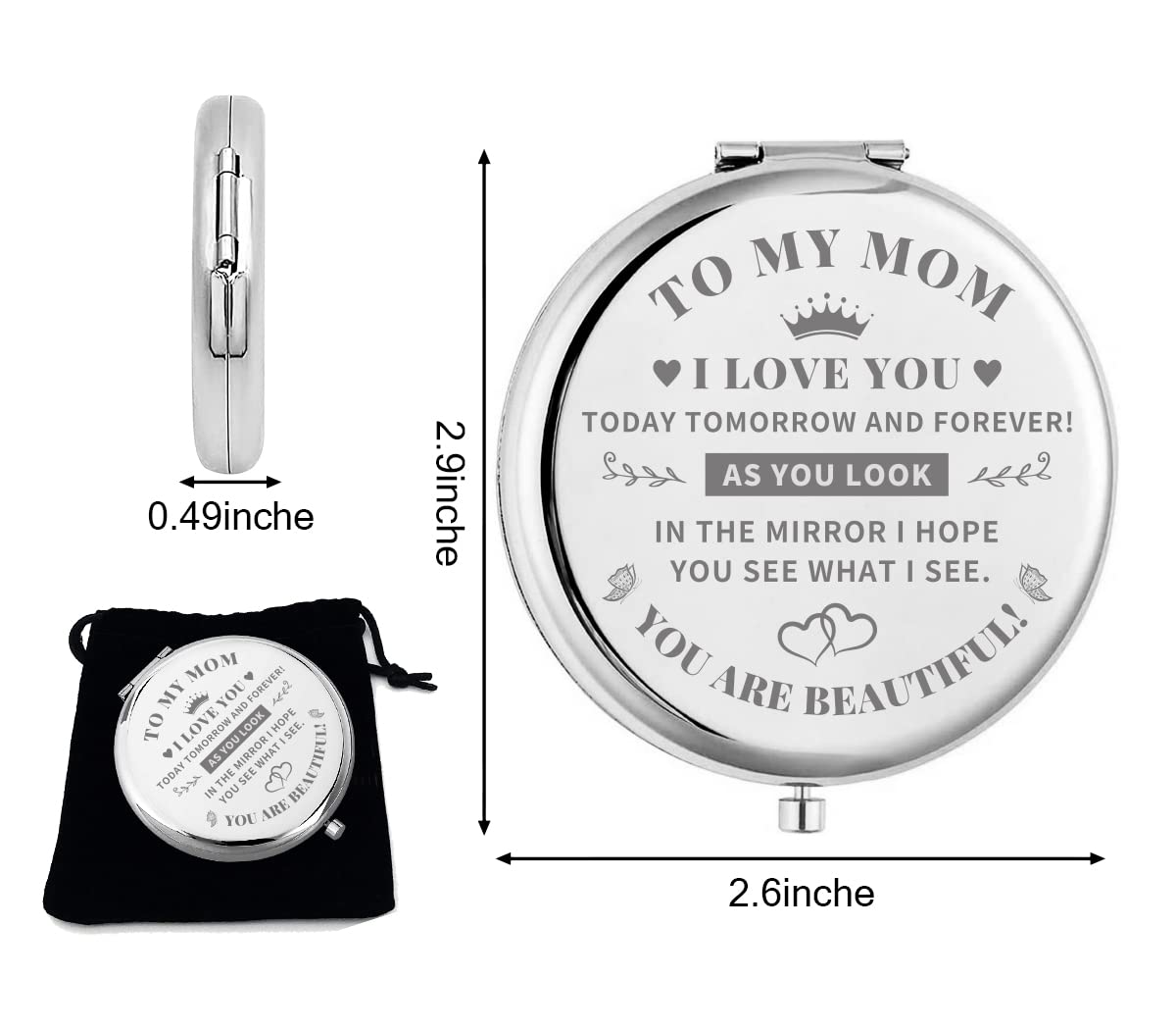 Kukeyiee to My Mom Travel Makeup Mirror, Sliver Engraved Travel Pocket Cosmetic Compact Makeup Mirror Gifts for Mother, Mom, Mother's Day, Birthday, Christmas from Son Daughter…