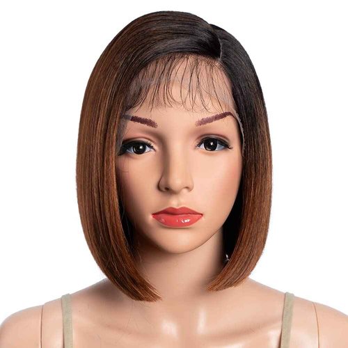 DÉBUT Asymmetrical Bob Wigs Ear to Ear Lace Front with Baby Hair Short Bob Simulated Scalp Lace Wig for Women Heat Resistant Fiber Synthetic Hair Side Parting Wig Highlight Ombre Brown Color