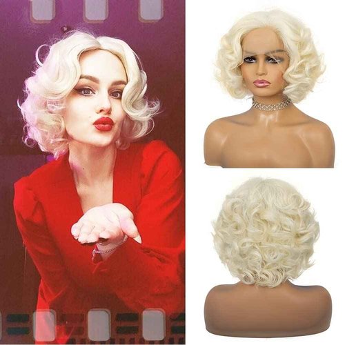 Amnenl Short Blonde 1920s Lace Front Wig Curly Bob Synthetic Hair Natural Hairline Platinum Blonde 40s 50s Wigs for Women