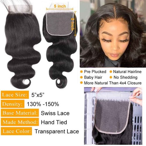 QTHAIR 16A Body Wave 5x5 Transparent Lace Closure 16inch 5x5 Lace Closure 16inch Human Hair Pre Plucked with Baby Hair Lace Closure Natural Black Color for Black Women