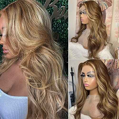 Brown Highlights 13x4 Lace Front Wig Human Hair,Brown with Blonde Highlights Mixed Colored Skily Straight Ombre Lace Front Human Hair Wigs Pre Plucked with Bleached Knots for White Women 24"(3T8P22)