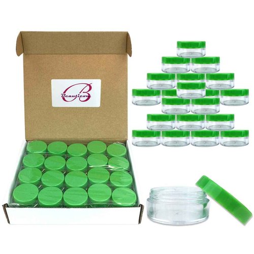 Beauticom 10g/10ml (0.35 Fl Oz) Round Clear Jars with Round Top Lids for Creams, Lotions, Make Up, Powders, Glitters, and more... (Color: Green Lid, Quantity: 40 Pieces)