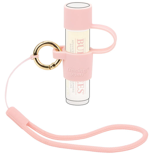 Desing Wish Silicone Lip Balm Holder with Cap Cover Portable Chapstick Holder Keychain Sleeve Lip Balm Key Chain with Key Ring and Wrist Strap Lanyard - Pink