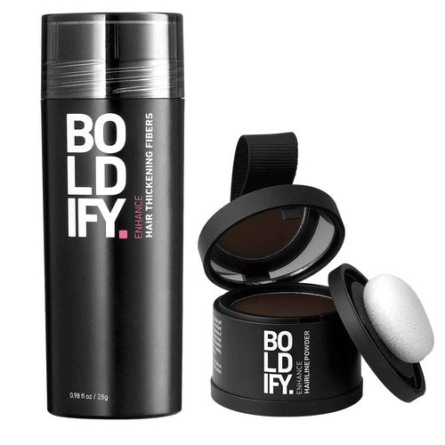 Boldify Hair Fiber + Hairline Powder: Build & Conceal Bundle - Undetectable Hair Thickener for Fine Hair, Instant Stain-Proof Root Touchup Powder, For Men & Women (Dark Brown)