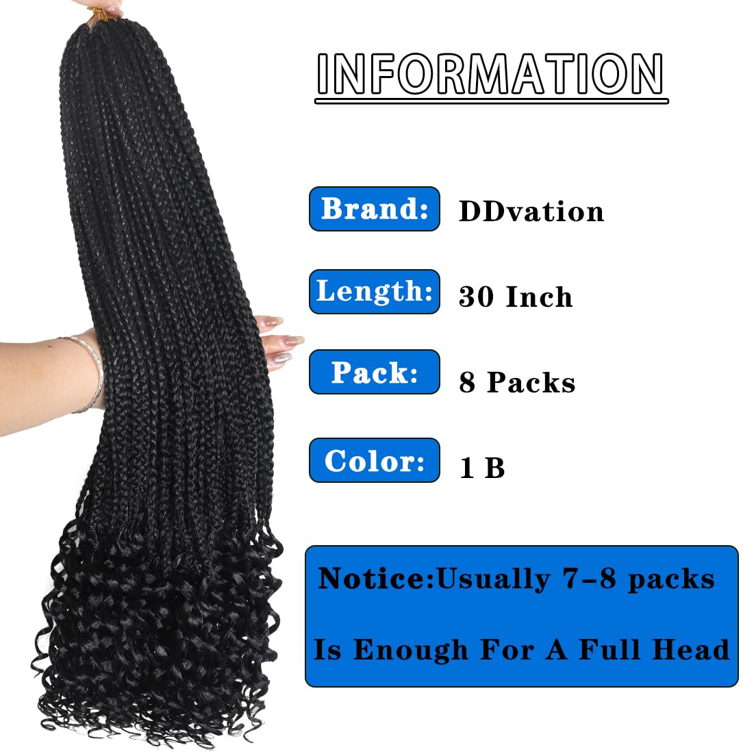 8 Packs 30 Inch Crochet Box Braids Hair with Curly Ends Pre looped Goddess Box Braids Crochet Hair Box Braids Braiding Hair Crochet Braids Hair for Women(30 inch,1B/Sapphire Blue/Light Blue)